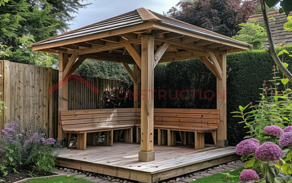 Small Wooden Garden Gazebo in Corner with Build in Seating