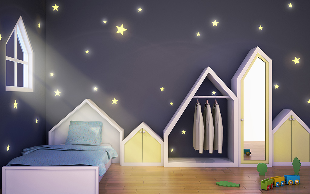 Star-studded kids bedroom with mirror wardrobe 